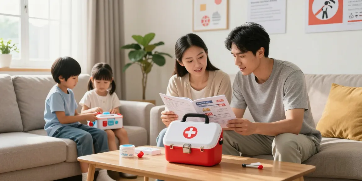 Family gathering around a first aid box, discussing safety and health.