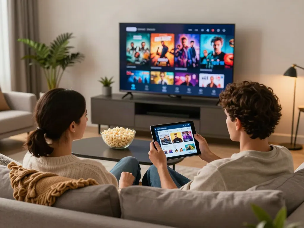 Couple enjoying MoviesBox Net app in modern living room