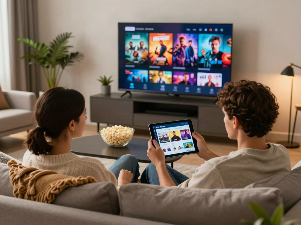 Couple enjoying MoviesBox Net app in modern living room