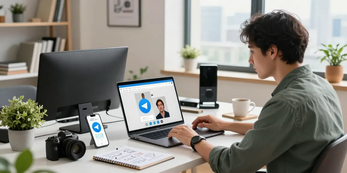 Engaging with friends using Telegram Web Version in a modern workspace, showcasing tech gadgets and vibrant atmosphere.
