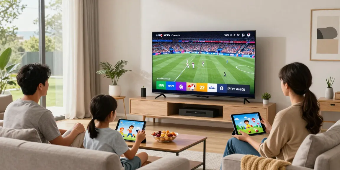 Family enjoying IPTV Canada in their stylish living room with 4K streaming.