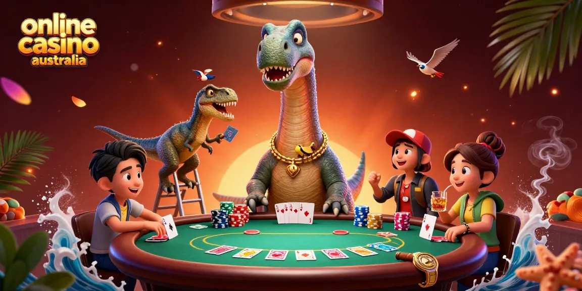 Experience the excitement of online casino Australia with vibrant 3D illustration featuring unique casino characters.