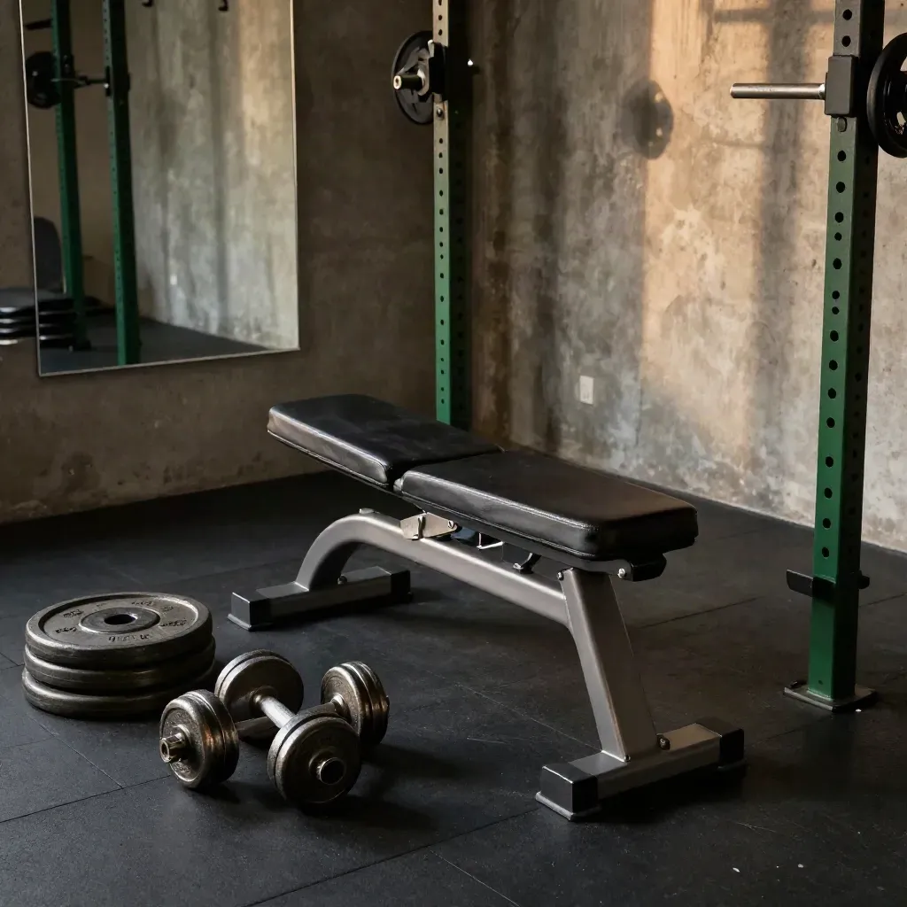 Empty strength-training corner with bench, barbell, dumbbells and plates in moody light