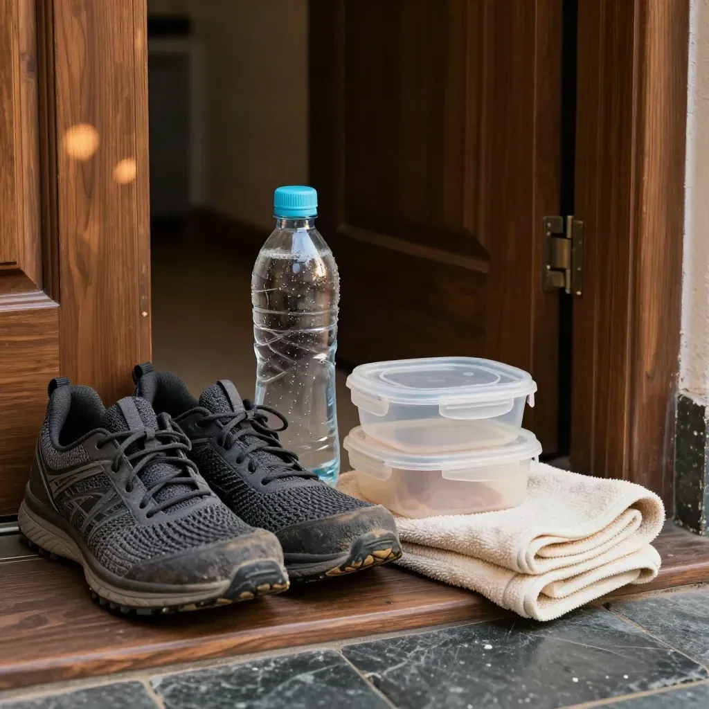 Walking shoes, water bottle, meal container, and towel at an entryway threshold.