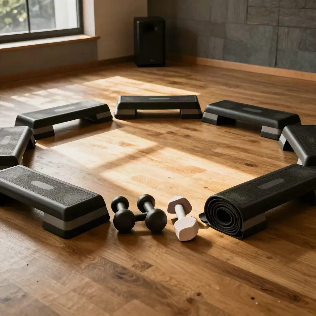 Fitness studio with rolled mats, step platforms, dumbbells and speaker in warm afternoon light.