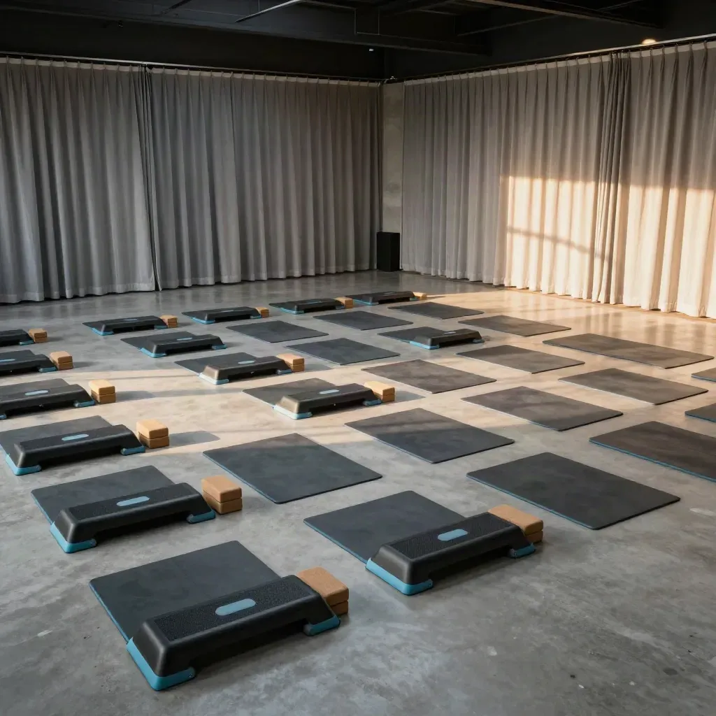 Empty fitness studio with mats, step platforms, weights and blocks under dramatic side light.