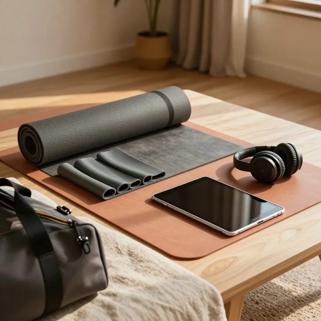 Travel workout kit with rolled mat, bands, headphones, tablet and duffel on a warm tabletop.