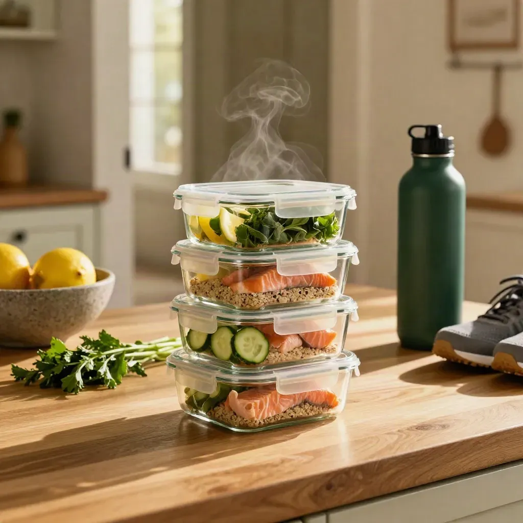 Stacked meal-prep containers with greens, fruit, shoes and a water bottle by a bright kitchen door