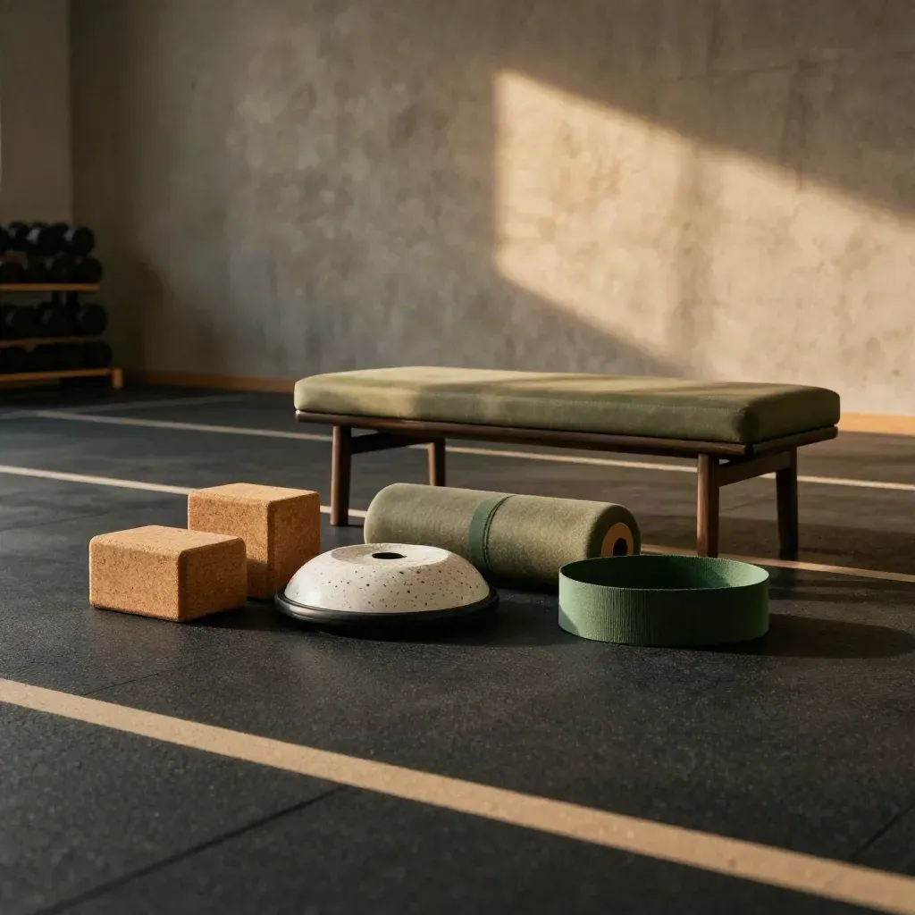 Mobility zone with cork blocks, balance disc, foam roller, loop band, and low bench on rubber floor.
