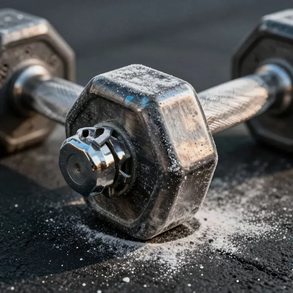 Macro of a chalked dumbbell handle and collar on gym rubber flooring, with crisp blue highlights.