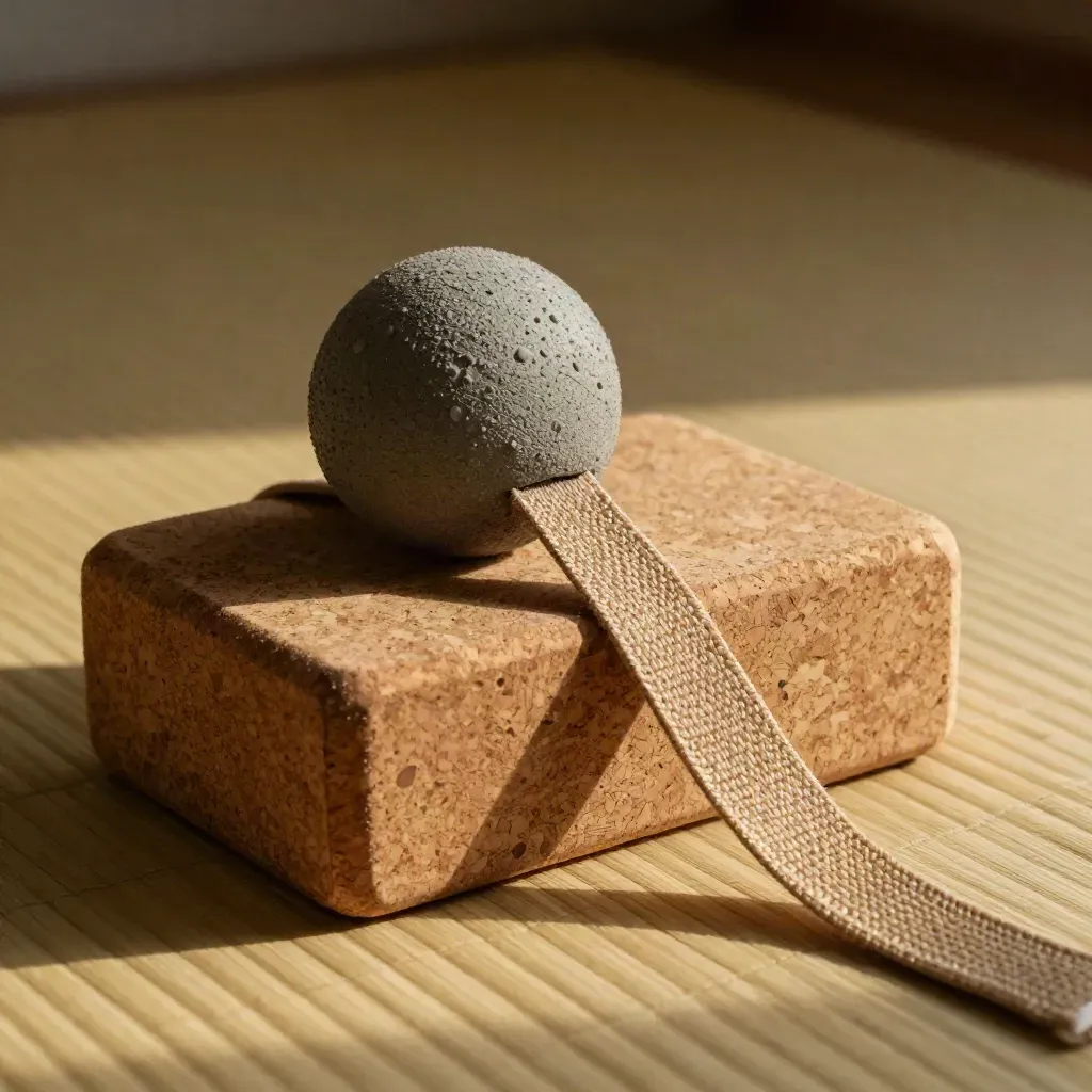Cork yoga block, massage ball, loop band and woven strap layered on a tatami mat in warm skimming light