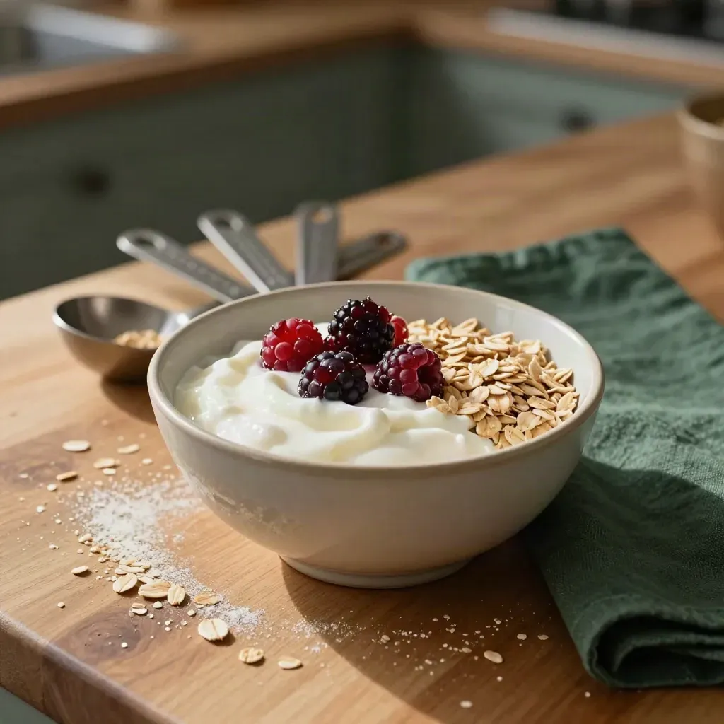 Greek yogurt bowl with berries, oats, and measuring spoons on a butcher block