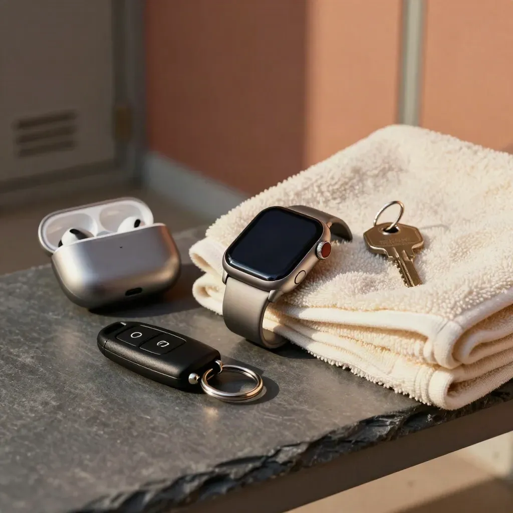 Smartwatch, earbuds, towel and gym key fob on a slate bench in dramatic studio light