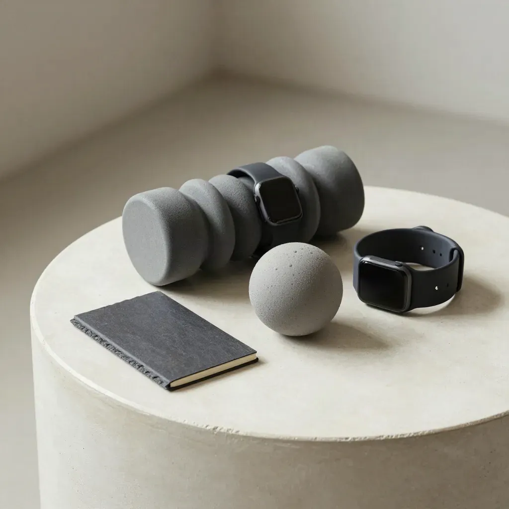 Smartwatch, foam roller, massage ball, band and notebook on a pale side table.