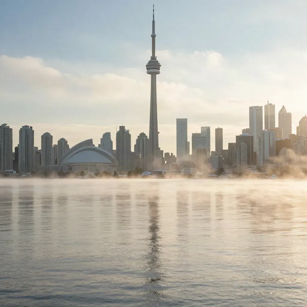 Foggy Toronto skyline with CN Tower above calm harbour water at dawn