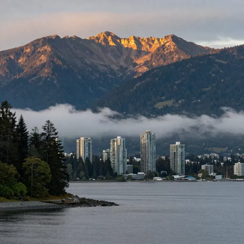 Rain-washed Vancouver mountains above Burrard Inlet with distant glass towers at dusk