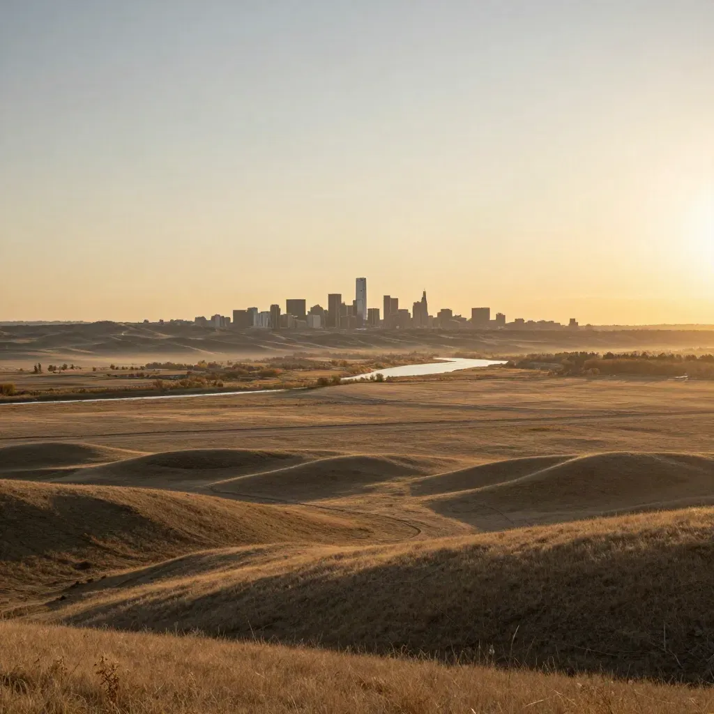 Golden-hour Calgary plains with distant skyline, foothills, and wide open sky