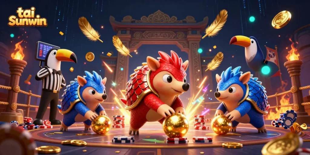 Experience the excitement at tai sunwin with rival pangolins rolling into golden balls amid vibrant casino elements.