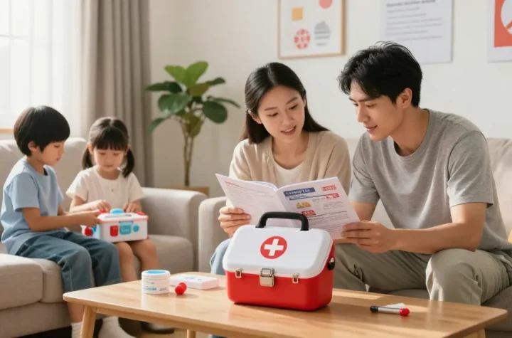 Family gathering around a first aid box, discussing safety and health.