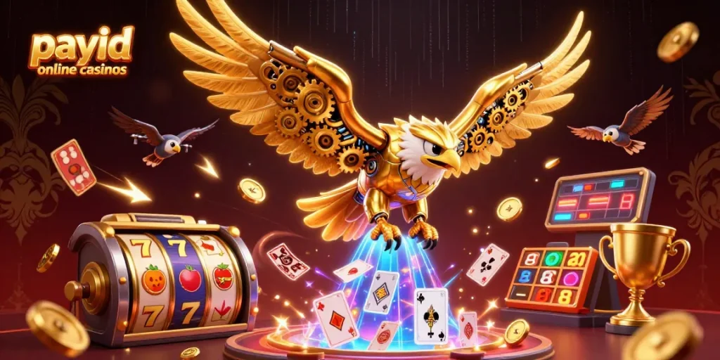 Experience the thrill at payid online casinos with a golden eagle soaring through vibrant casino elements.