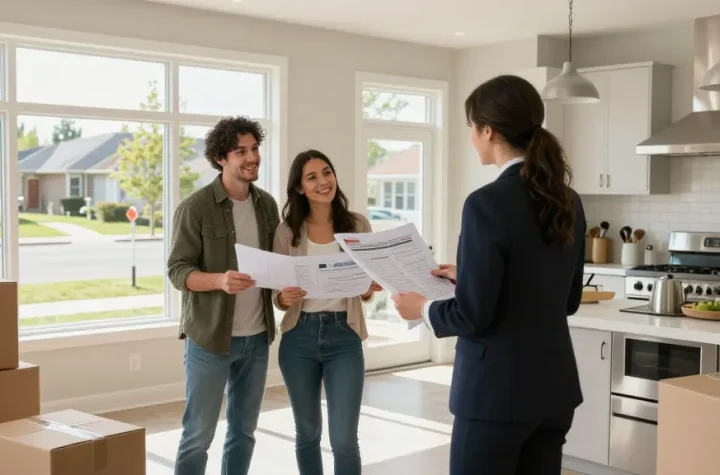 Affordable Edmonton homes - couple exploring bright open living space with real estate agent.