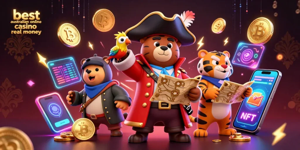 Engage with the best australian online casino real money featuring pirate and tiger amidst vibrant crypto elements.